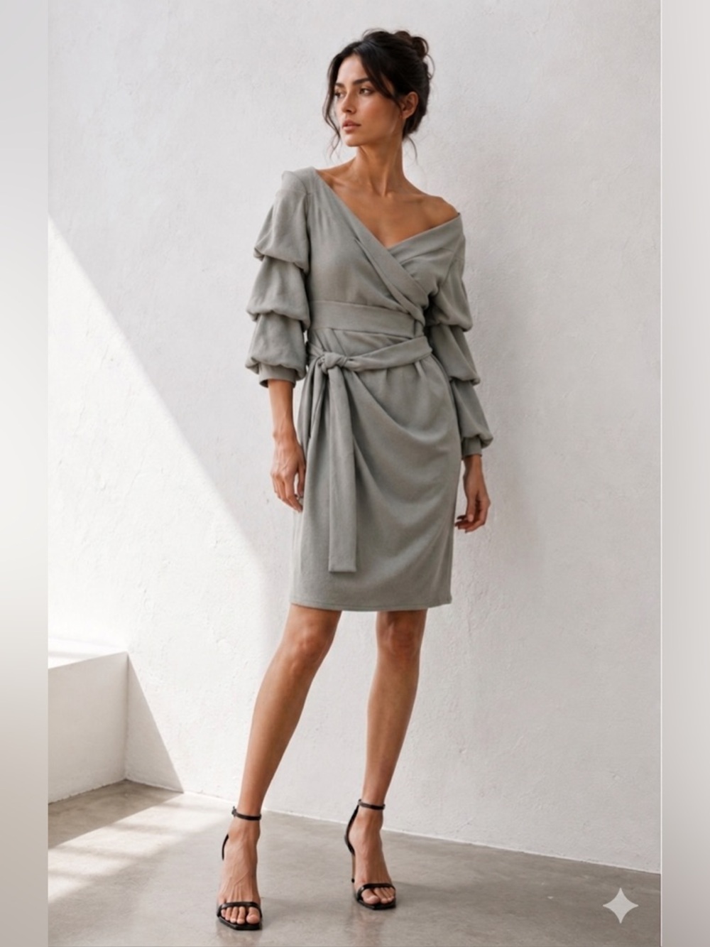 Gray Off-Shoulder Ruffle Sleeve Midi Dress – Size US 6 (EU 38, UK 10)